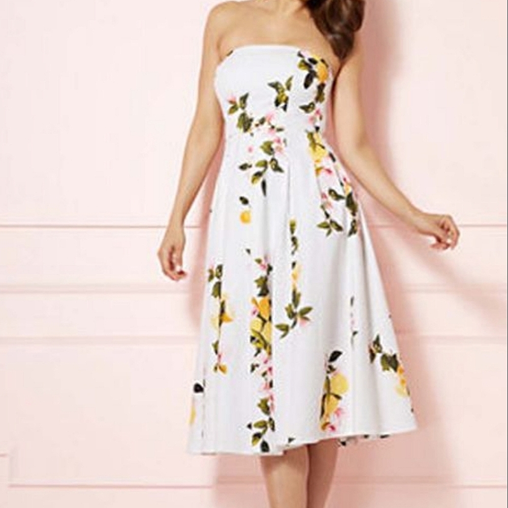 Eva Mendes New York & Company Lemon Floral Strapless Dress Midi Medium - Picture 1 of 7